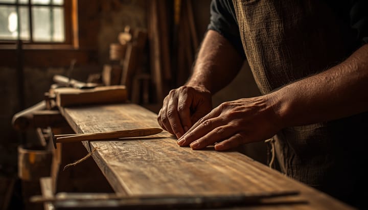 An artisan working wood in a traditional workshop
