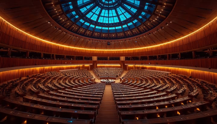 A modern parliament chamber lit at night