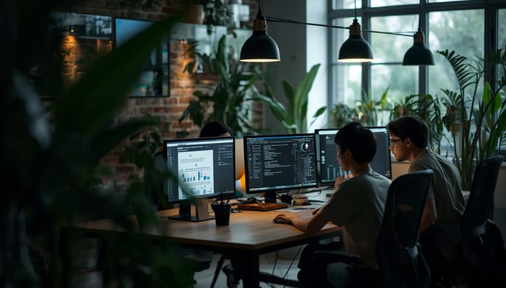 A bright startup workspace with people collaborating