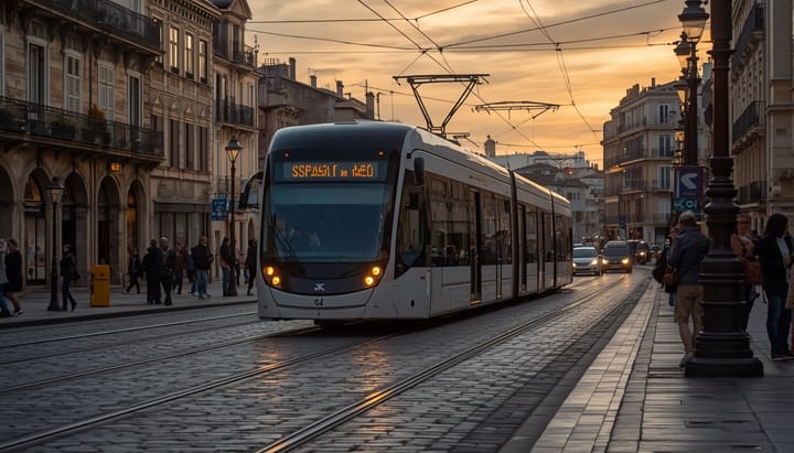 A modern tram crossing a historic square at dusk