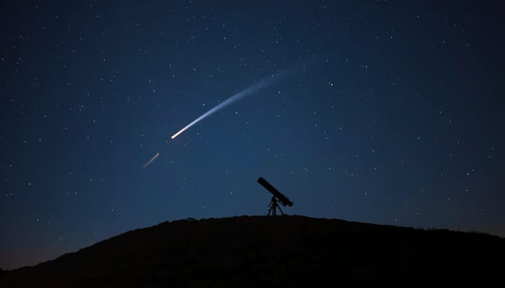 Night sky with a faint comet over a hilltop telescope