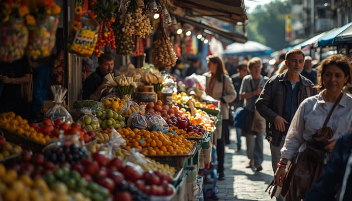 A lively open-air market with stalls of fruit and flowers