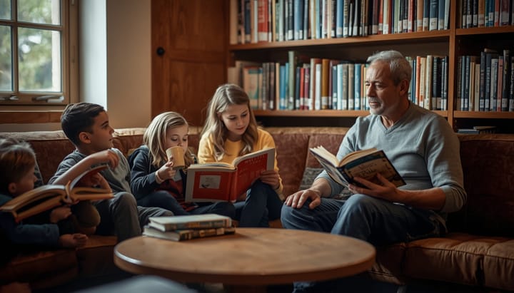 A cosy library reading corner with children listening