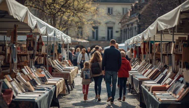 An outdoor book fair in a town square, families browsing