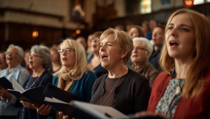 A community choir singing in an old hall, warm light