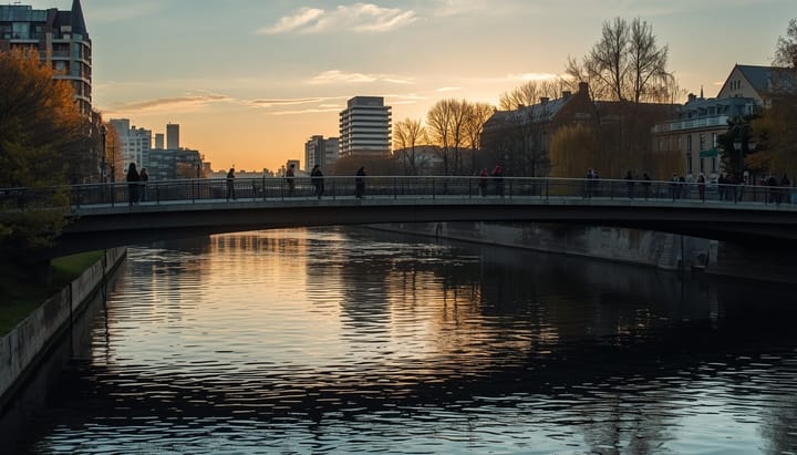 A modern pedestrian footbridge over a river at golden hour