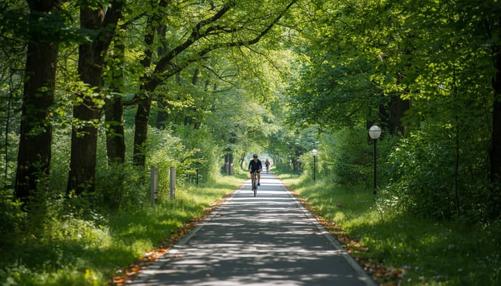 A green cycling path along a former railway line