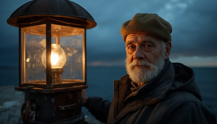 A lighthouse keeper by the lamp at dusk, sea behind