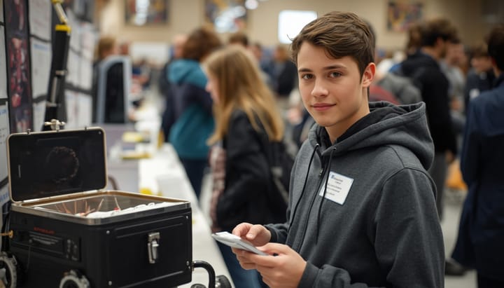 A regional science fair, teenagers presenting projects